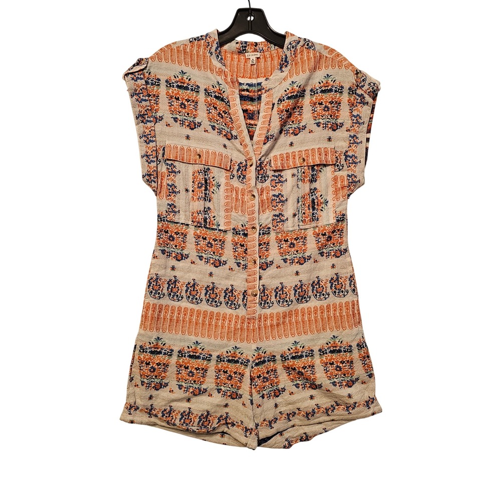 En Creme Womens Small Boho Print Button Front Romper Orange Blue ER61894VR